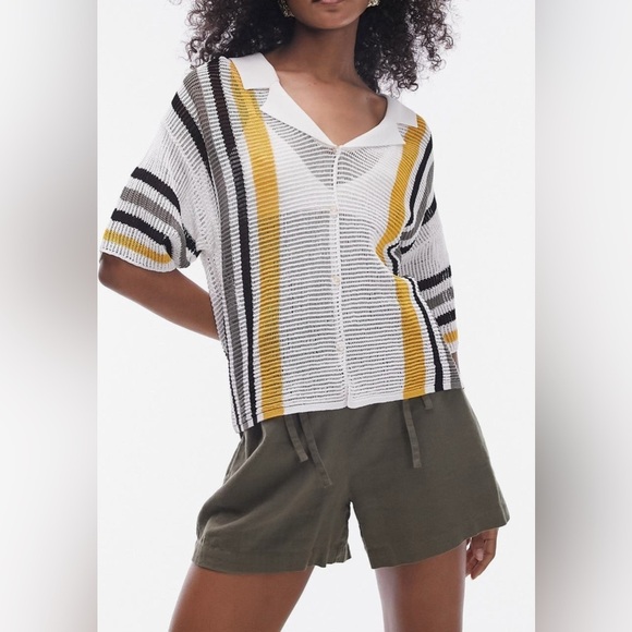 Striped Open Stitch Knit Cover-Up Button Down Polo Sweater Top - Picture 1 of 3